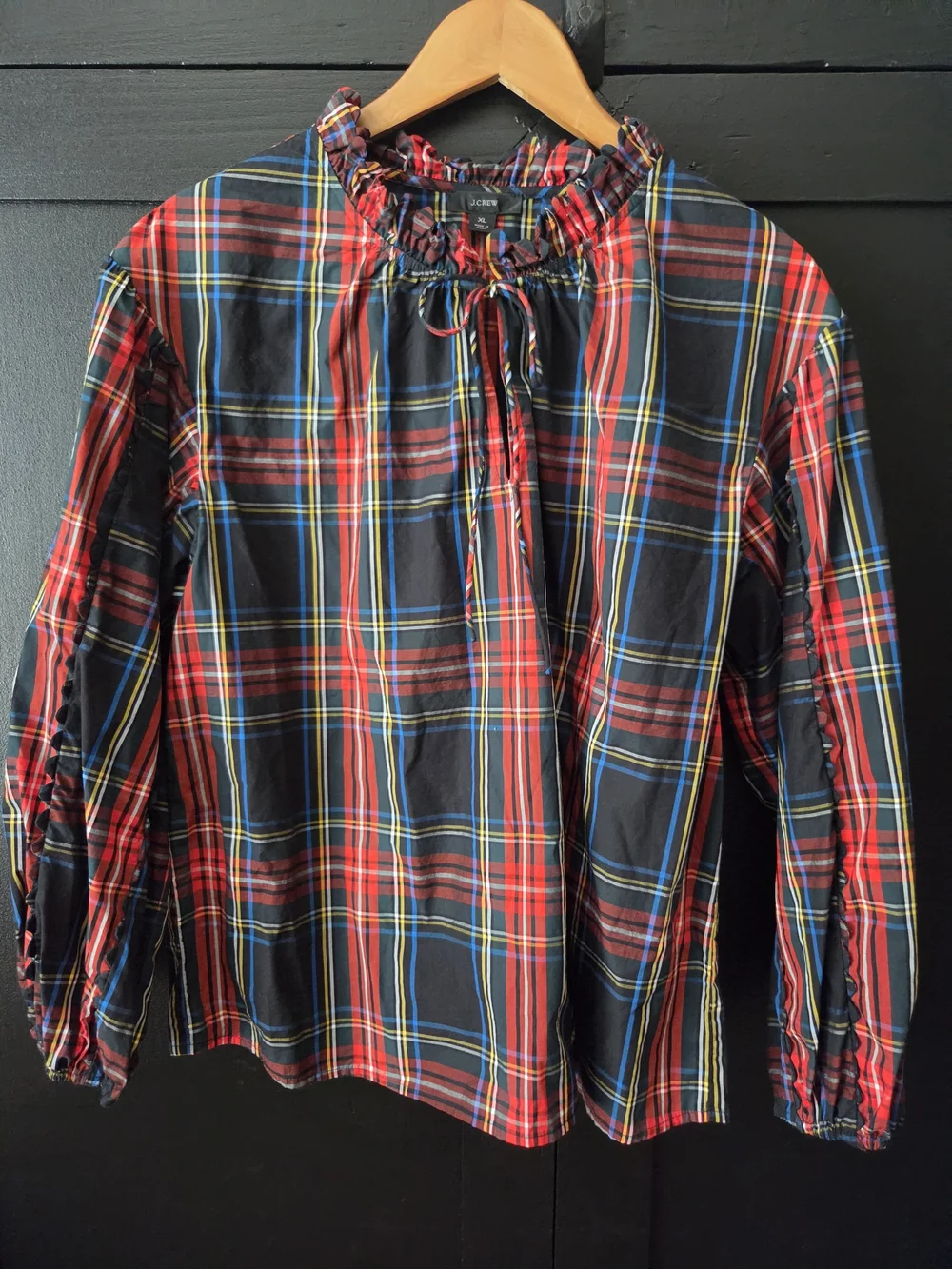 J. Crew Women's Red Plaid Ruffle-Neck Top ~ Size XL